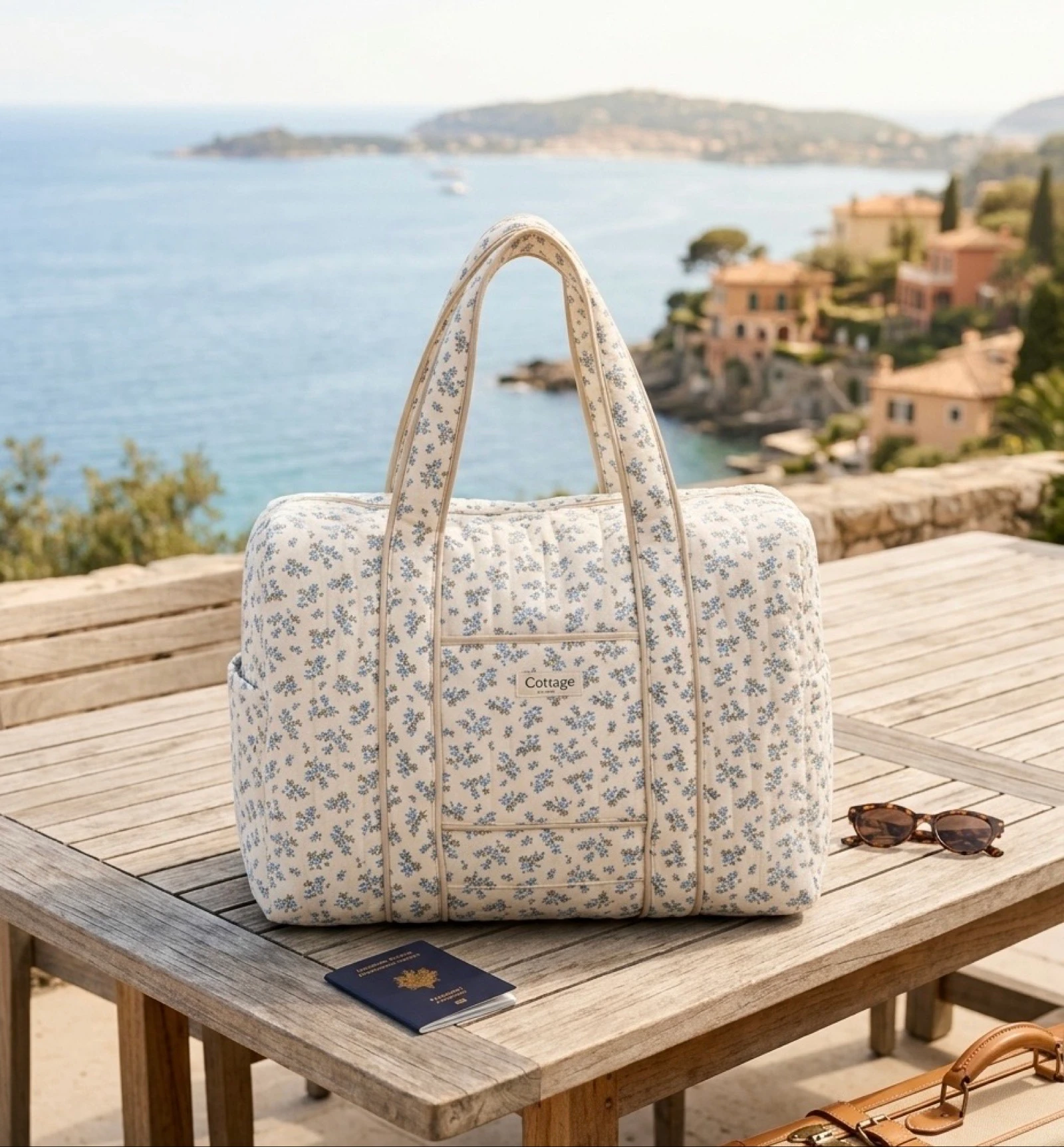 Sac de Voyage 100% Coton Collection Cottage & Bag / Modèle Bouquets de Fleurs Bleus Clair 